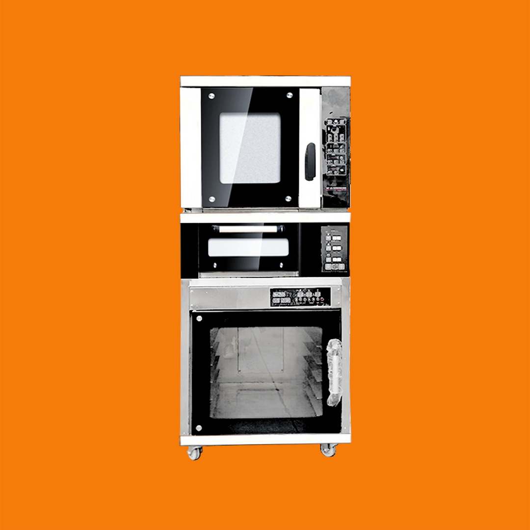 Upper 5-Tray Convection Oven, Middle 1-Tray Tiered Baking Compartment, Lower 12-Tray Yeast Proofer — Combination Oven.(Electric Oven)
