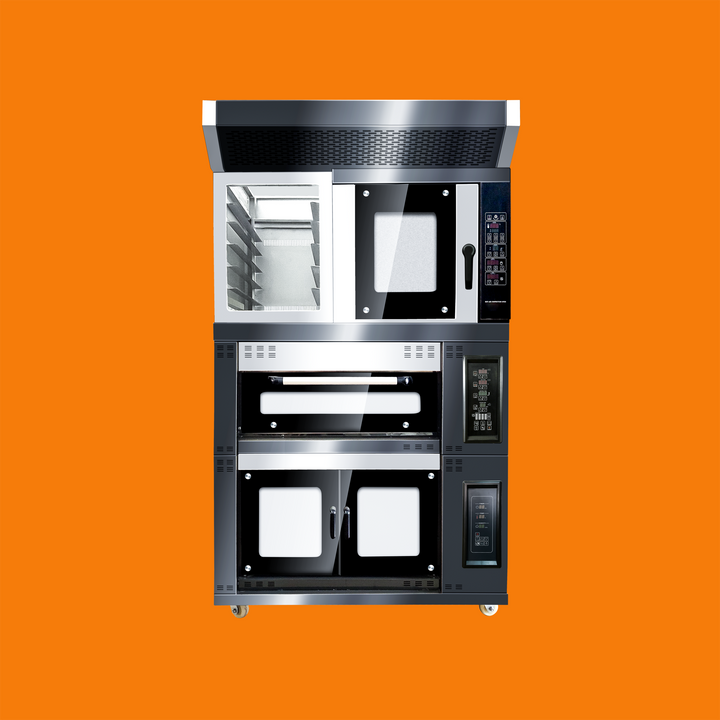 Electric Combi Oven with Top (5-Pan Convection), Middle (1-Deck 2-Pan), and Bottom (8-Pan Proofer) Sections (Electric Oven)