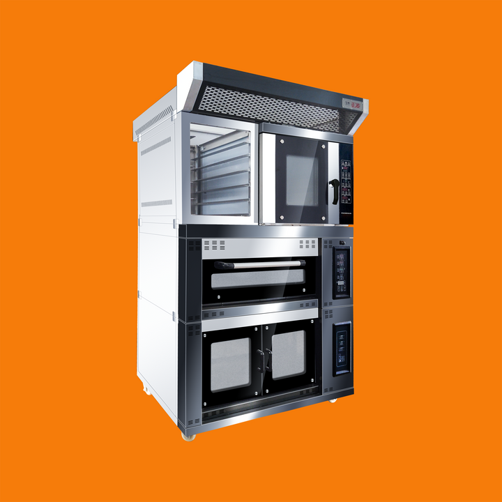 Electric Combi Oven with Top (5-Pan Convection), Middle (1-Deck 2-Pan), and Bottom (8-Pan Proofer) Sections (Electric Oven)