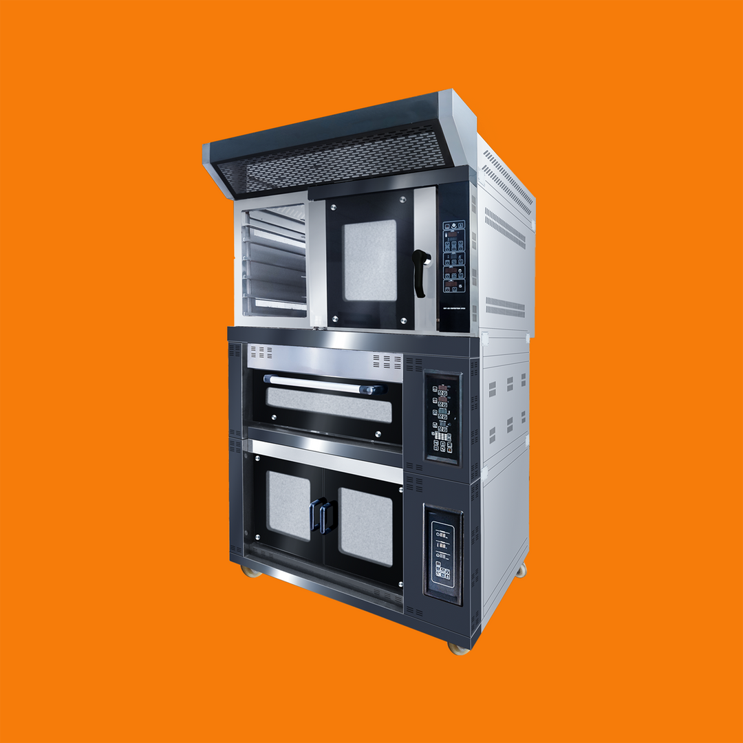 Electric Combi Oven with Top (5-Pan Convection), Middle (1-Deck 2-Pan), and Bottom (8-Pan Proofer) Sections (Electric Oven)
